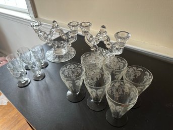 Pair Double Candleholders And Black Based Glasses