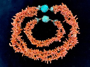 Stunning Branch Coral With Turquoise Closure Bracelet And Necklace