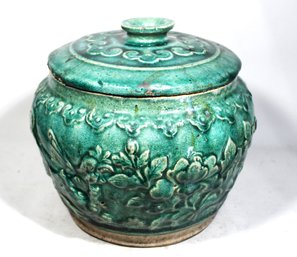 Antique Chinese Green Glazed Lidded Pot Having Dragons And Roosters