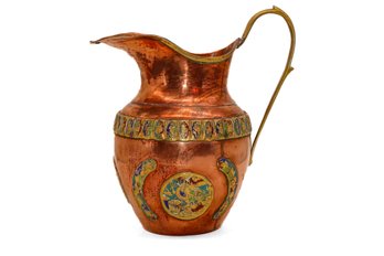 Antique Copper Pitcher With Beautiful Asian Motif Dragons And Enamel Designs