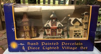 Set Of 3 Hand Painted Porcelain Christmas / Winter Village Light Up Lighted Houses