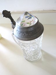Glass Pewter Top Diamond Painted Glass Lid Beer Stein