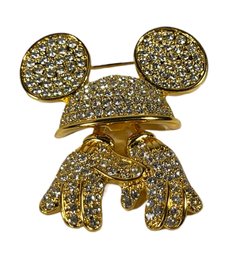 Mickey Mouse Gold Tone Rhinestone Brooch Hat & Gloves