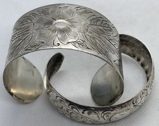 Fine Vintage Sterling Silver Repousse Cuff Bracelets With Floral Decor