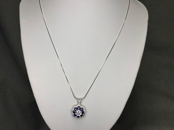 Lovely Sterling Silver / 925 Necklace With Sterling Silver / 925 Sapphire Pendant With Sparkling White Topaz