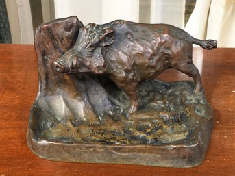 Antique Friedrich Gornik (1877-1943) Bronze Boar Desk Match / Smoking Stand - Part Of Amazing Set 4/4 Pieces