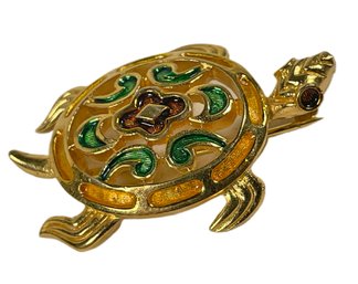 Vintage Gold Tone Enamel Signed TRIFARI Turtle Brooch