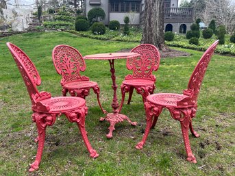 Set 4 Red Iron Garden Chairs & Petite Side Stand Table