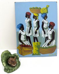 Original Folk Art Painting Purchased In Haiti, Signed & Rabbit In Cabbage Figurine