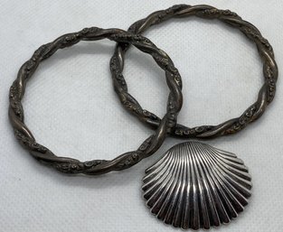 Pair Of Vintage Sterling Silver Bangle Bracelets And Ca. 1940s Signed BEAU Clamshell Brooch