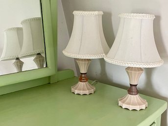 Pair Of Vintage Boudoir Lamps In Pale Pink Glass With White Shades.