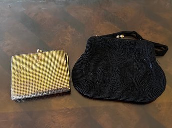 Vintage Gold Mesh Metal Wallet And Beaded Black Bag