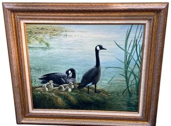 Framed Wildlife Fine Art Painting Of Nesting Canada Geese