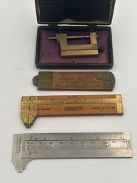 Antique Measuring Tool Grouping- Slide Calipers, Folding Pocket Measure, And Watchmakers Pivot Tool