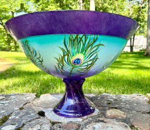David Foglia Signed Peacock Handpainted  Glass Bowl