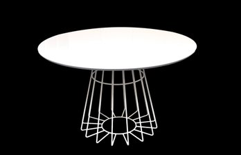 CB2 White Lacquer Compass Dining Table With Cage Sunburst Base