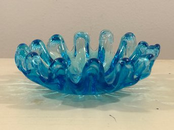 MCM Round Hand Blown Ruffled Edge Art Glass Dish