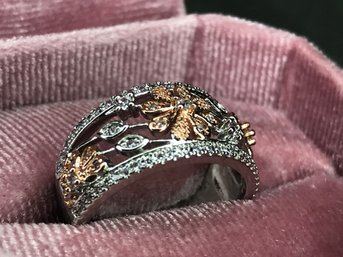 Beautiful Brand New 925 / Sterling Silver Ring With Rose Gold Accents Flower Ring - With Channel Set Zircons