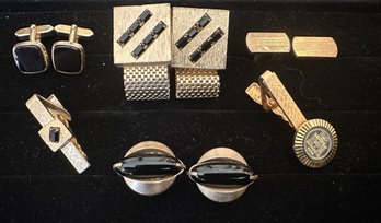 Four Pairs Of Gold Tone Cuff Links Paired With Two Tie Pins