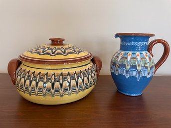 Stunning Bulgarian Troyan Redware Pitcher And Covered Casserole