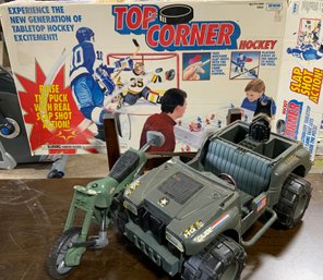 Vintage Toy Lot ~ GI Joe Jeep, Motorcycle & Top Corner Hockey Game By Irwin ~