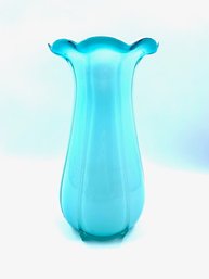 Fantastic Sky Blue Hand-blown Cased Glass Vase W/ White Interior