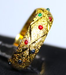 Gold Over Sterling Silver Band Ring Having Small Red, Green And Blue Gemstones, Size 7.5