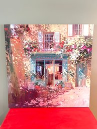 Serene Sidewalk Scene With Floral Balcony- Wrapped Canvas