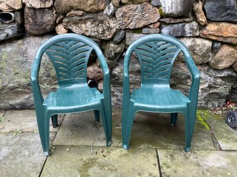 Lot Of 2 Plastic Stackable Green Lawn Chairs