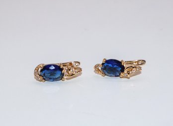 Yellow Gold Plated Earrings W Blue Stones