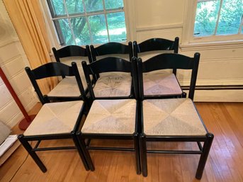 FIVE MCM BLACK LACQUER RUSH SEAT CHAIRS