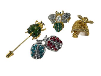 Lot Four Rhinestone Enamel Bug Pins