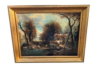 Framed Reproduction 1800s Style Painting - A Serene Countryside Cottage In Autumn - With Gold Leaf Frame