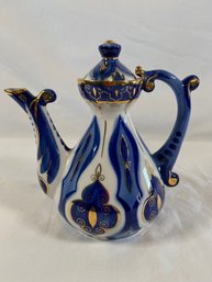 Lomonosov Russian Porcelain Tea Coffee Pot Gold & Colbalt Blue 8in Marking On Bottom No Chips