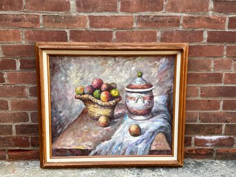 Vintage Fruit & Crock Oil Painting Still Life By T Denver