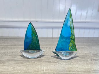 Pair Of Blue Glass Sailboats