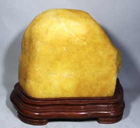 Super Heavy Solid Yellow Jade Scholar Stone On Carved Base