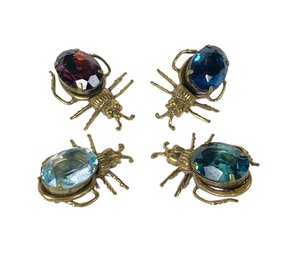 Lot Of Four Signed Sadie Green Glass Stone Gold Tone Bug Brooches Pins