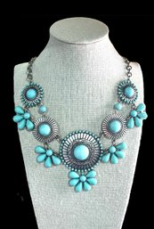 Amazing Southwestern Style Turquoise Color Flowers Statement Necklace