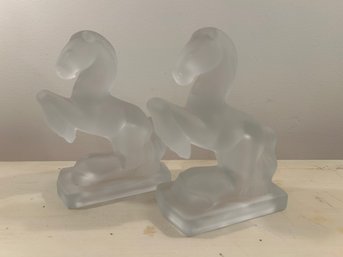 Vintage Pair Fostoria Art Deco Satin Glass Rearing Horse Bookends