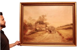 G. Grant, 1898 Farmer Walking Down Country Dirt Road With Horsecart And Bushel Of Hay Gold Gilt Frame