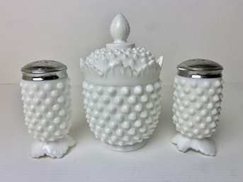 Fenton Hobnail Milk Glass Sugar Bowl With Salt & Pepper Shakers (3)