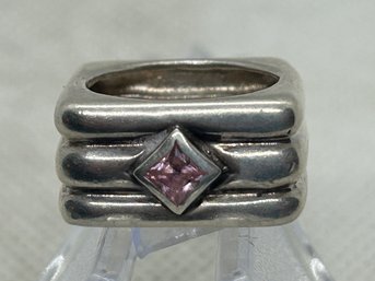 Large Vintage Modernist Sterling Silver Square-form Ring With Pink Tourmaline Gemstone