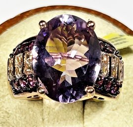 Gold Over Sterling Silver Large Amethyst Gemstone Dinner Cocktail Ring Size 7