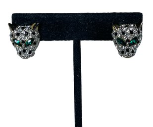 Pair Gold Tone Rhinestone Enamel Leopard Face Pierced Earrings