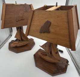 Kitschy Vintage Folk Art Carved Wood Sailboat Table Lamps