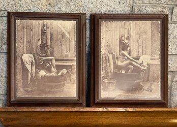 Pair Of Mid Century Signed Framed Prints On Thick Torn Edge Paper By R. Hendrickson-Man And Woman Bathing