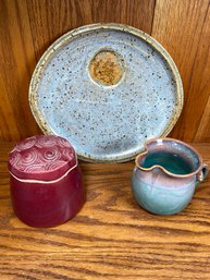 Handmade Pottery Stoneware: Wardell Pottery Saugerties, NY, Signed Creamer Pitcher, Dip Plate 11in