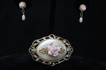Gold Tone With Porcelain Flowers, Faux Pearls, And Rhinestones Pin And Earrings Set