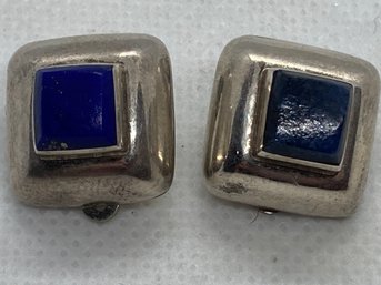 Vintage Mexican Sterling Silver Earrings With Lapis Lazuli Emerald Cut Gemstones